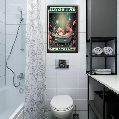 Vista 5 de LIUAXICIA Letrero de lata retro con diseño de sirena y ella vivió feliz para siempre, para decoración del hogar, 8 x 12 pulgadas, pintura de lata