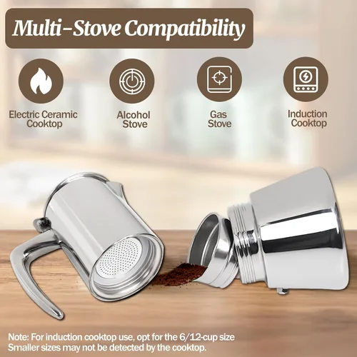Vista 4 de Olla de café espresso italiano de acero inoxidable 304 de 2 tazas de 3.5 onzas líquidas, cafetera para estufa, cafetera de moca, para estufa