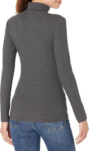 Vista 3 de Tienda Essentials Camiseta de cuello alto de punto acanalado de manga larga para mujer (disponible en tallas grandes), paquete de 2