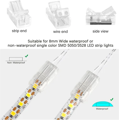 Vista 4 de RGBZONE Kit de Conectores de Tira LED de 2 Pines, 5 Conectores de Tira a Cable de 8mm y Cable de Extensión de 10m para Tiras de Luces LED de un Solo