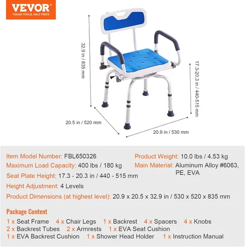 Vista 7 de VEVOR Silla de ducha giratoria de 360 grados, asiento de ducha ajustable con brazos giratorios para duchas o bañeras interiores, silla de ducha