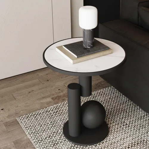 Vista 4 de Mesa auxiliar redonda moderna de mármol de 15.7 pulgadas, mesa auxiliar decorativa (negro)