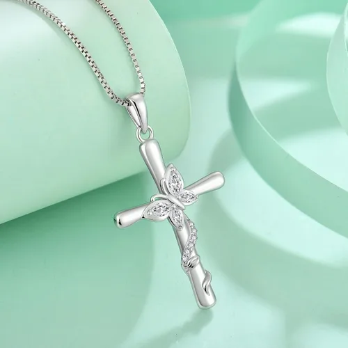 Vista 2 de Blaniy Collar de cruz para mujer, plata de ley 925, collar de mariposa, piedra natal, colgante de piedras preciosas creadas, regalos para mujeres