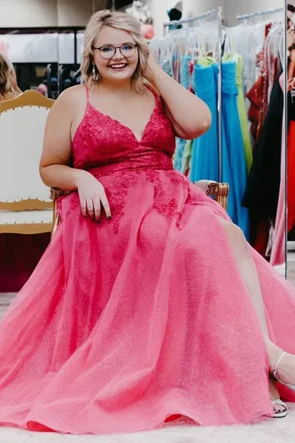 Vista 6 de Vestido de fiesta con apliques de encaje para mujer, largo 2024, tul con purpurina, tirantes delgados, cuello en V, vestido de fiesta formal
