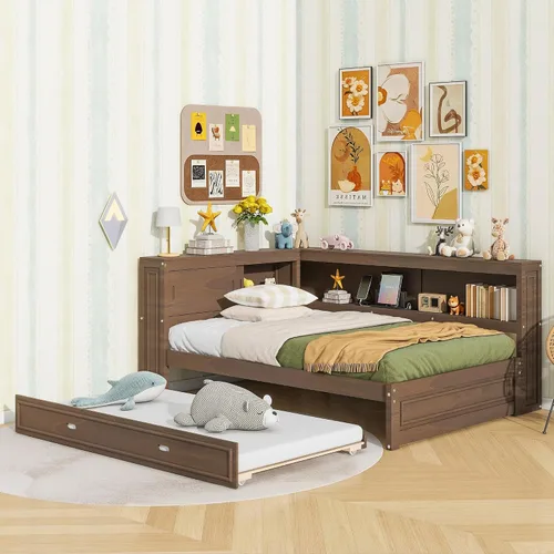 Vista 3 de SOFTSEA Sofá cama esquinera de tamaño matrimonial con nido y estantería, sofá cama en forma de L con luces LED y puertos USB, marco de cama Antique