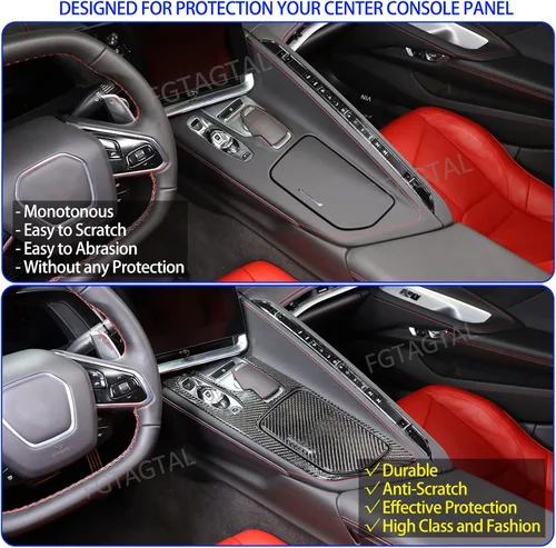 Vista 2 de Cubierta de fibra de carbono suave para panel de consola central compatible con Chevrolet Corvette C8 2020-2024, caja de almacenamiento de consola
