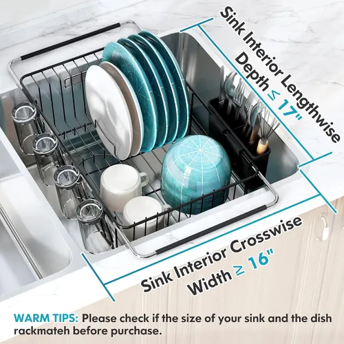 Vista 3 de Estante de secado de platos expandible sobre el fregadero en acero inoxidable para cocina pequeña, escurridor de platos moderno y compacto de metal