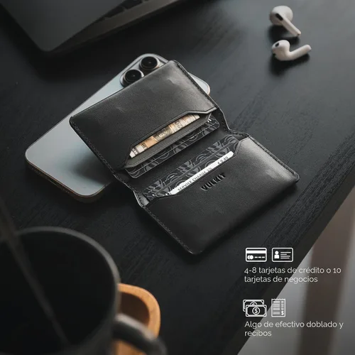 Vista 3 de VULKIT Portafolios de cuero con bloqueo RFID delgado minimalista con cierre magnético tarjetero de tarjetas de crédito con bolsillo frontal, Negro