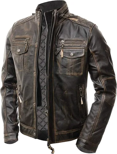 Vista 2 de LP-FACON Chaqueta de cuero vintage con múltiples bolsillos para hombre Chaqueta de cuero envejecido para motocicleta