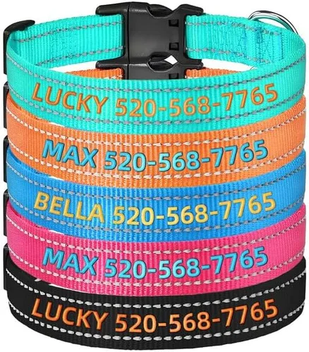 Vista 9 de Collares de perro personalizados, collar de perro bordado reflectante personalizado con nombre y números de teléfono, nailon suave ajustable