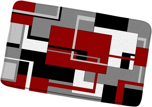 Vista 5 de Alfombra de baño geométrica azul negro, blanco y gris, abstracta minimalista de líneas geométricas de mediados de siglo, alfombra de baño, alfombra