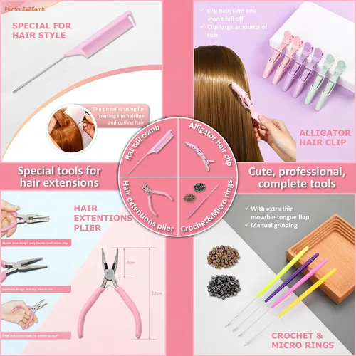 Vista 5 de Kit de oropel para el cabello con herramientas e instrucciones, fácil de usar, 12 colores, 2400 hebras de 48 pulgadas, extensiones de cabello