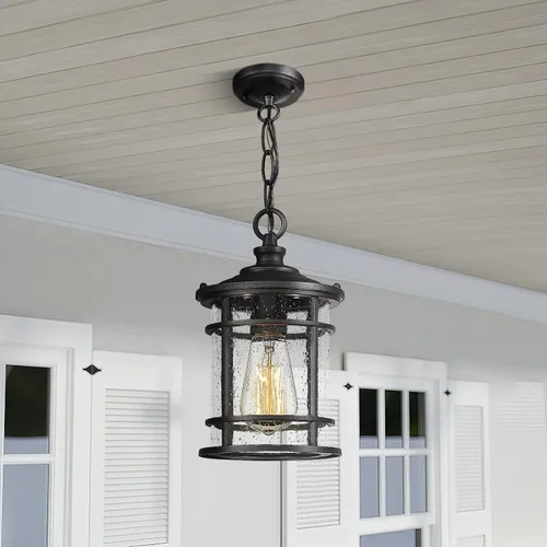 Vista 4 de Emliviar Lámpara colgante moderna para exteriores - Luz colgante para porche con pantalla de vidrio semillado en acabado negro, XE229H-S BK