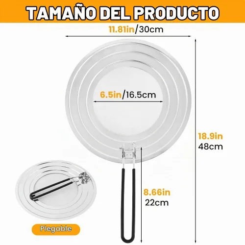 Vista 2 de Pantalla de salpicaduras de acero inoxidable para sartén, protector de salpicaduras de grasa plegable con mango aislado plegable para sartenes