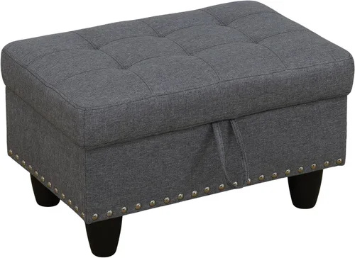 Vista 8 de Banco otomano de almacenamiento, taburete rectangular de lino de 28.5 pulgadas con ribete de cabeza de clavo, otomana tapizada para sala de estar