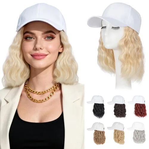 Vista 43 de Hairro Peluca de gorra de béisbol con cabello adjunto, corto estilo Bob ajustable, extensiones de cabello sintético para mujeres, balayage