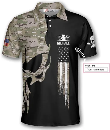 Vista 3 de PRIMESTY Camisas de bolos personalizadas para hombres, camisetas patrióticas de bolos con bandera estadounidense, polos de bolos personalizados