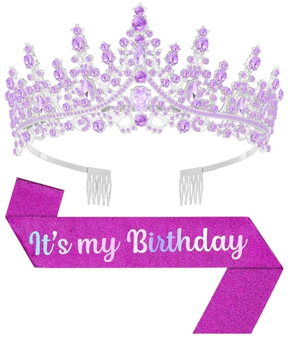 Vista 23 de Tiara de cumpleaños y corona con banda, tiara de cumpleaños para fiesta de mujeres (rosa)