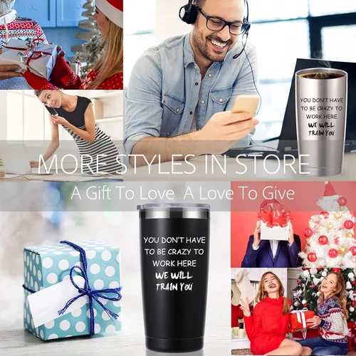Vista 7 de momocici Vaso de 20 onzas con texto en inglés «You Dont Have To Be Crazy To Work Here». Divertidos regalos de oficina para empleados, jefes
