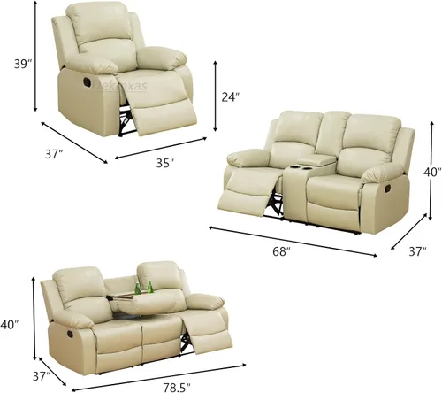 Vista 2 de Sofá reclinable manual moderno, sofá reclinable de cuero de 3 plazas, sofá reclinable de sala de estar, sofá con portavasos y mesa abatible