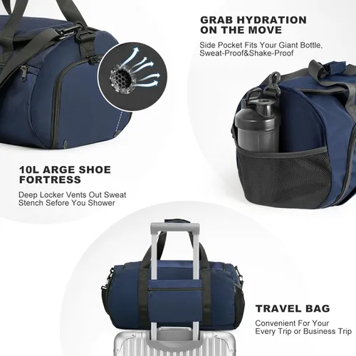 Vista 4 de Bolsa de gimnasio para hombres y mujeres con compartimento para zapatos y bolsillo húmedo, bolsa de gimnasio deportiva resistente al agua, bolsa