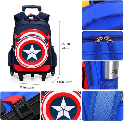 Vista 5 de Six Wheels Trolley Maleta escolar para niños y niñas, mochila Oxford para vacaciones, equipaje de viaje para niños, Negro-2