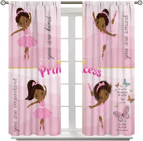 Vista 3 de YCness Cortinas afroamericanas para niños, tratamientos de ventana de niña negra afro para dormitorio, lindas cortinas de bailarina bailarina rosa