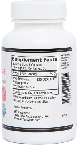 Vista 2 de AST Enzymes Serrapeptase 130,000 SPU - 60 cápsulas vegetarianas - Enzimas sistémicas naturales premium - Serrapeptasa resistente a los ácidos