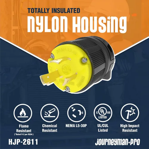 Vista 2 de Journeyman-Pro 2611 30 amperios, 125 voltios, NEMA L5-30P, 2P, 3W, conector de enchufe macho de bloqueo, grado industrial negro, clasificación