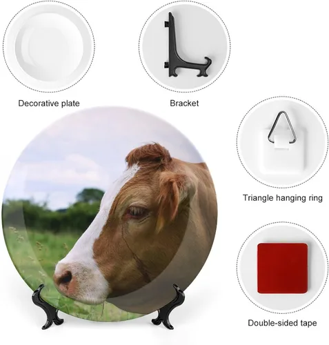Vista 3 de Platos decorativos de cerámica de 6 pulgadas para colgar en la pared, plato de cerámica de vaca con soporte de exhibición, platos domésticos