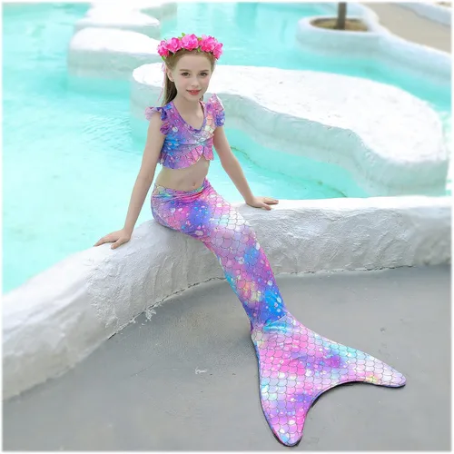 Vista 2 de zocapuy Traje de baño de cola de sirena para niñas y niños, disfraz de princesa, traje de baño para fiesta (sin monoaleta)