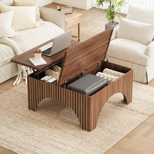 Vista 10 de Mesa de Centro Acanalada, 39'' Mesas de Centro Estilo Granja para Sala de Estar, Mesa Central de Acento de Madera Baja Mesa de Té Pequeña con Base