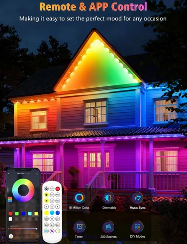 Vista 5 de BSGlobal 100 pies de luces exteriores permanentes, 60 luces LED RGB e IC inteligentes para aleros con control por aplicación/remoto, 209 modos