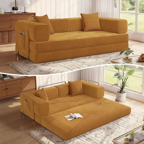 Vista 11 de MoonSpeak Sofá cama de 78.8 pulgadas para sala de estar, sofá modular convertible con almohada para reposabrazos, sofás modulares plegables de pana