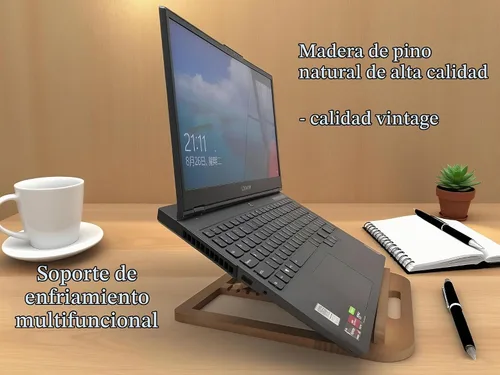 Vista 5 de Soporte de madera para computadora portátil para escritorio y madera, estilo portátil, plegable y ajustable ergonómico, soporte para libros
