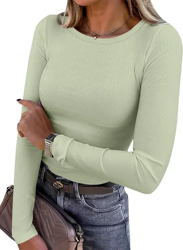Vista 37 de ANRABESS - Camisetas de manga larga para mujer, de punto acanalado, ajustadas, básicas, 2025, informales, para usar a capas o debajo del uniforme