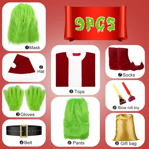 Vista 4 de PrettyFirst Green Monster Costumes Deluxe Santa Claus Costume Adult 9PCS Mens Santa Suit Green Santa Outfit With Mask