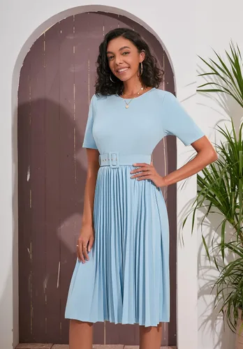 Vista 5 de IWFEV Vestido plisado de manga corta para mujer, vestido largo liso con cinturón