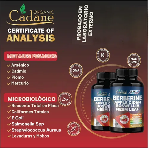 Vista 7 de Organic Cadane Suplemento de berberina 150 cápsulas, con hoja de neem, vinagre de sidra de manzana, VIT D3, E y más, extracto de berberina, apoyo