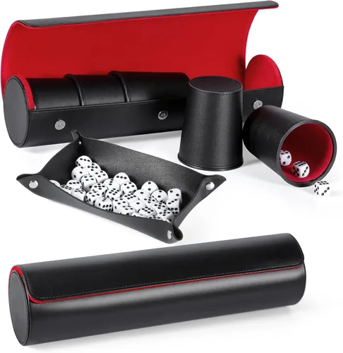 Vista 14 de Juego de tazas de cuero para dados, 5 tazas de dados negros + 25 dados + funda exclusiva de almacenamiento y transporte hecha de piel sintética