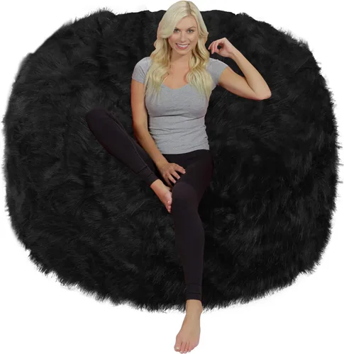 Vista 2 de Silla Chill Sack: Puff gigante de espuma viscoelástica de 6 pies. Sofá grande con funda suave de piel sintética de felpa, color negro.