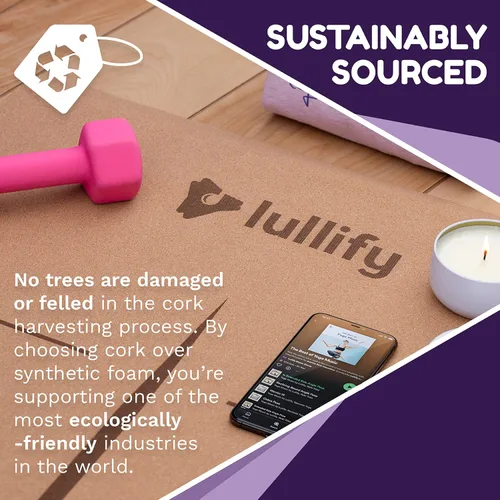 Vista 8 de Lullify Esterilla de yoga de corcho premium Antideslizante y construida para durar a través de clases de yoga caliente o ejercicio Biodegradable