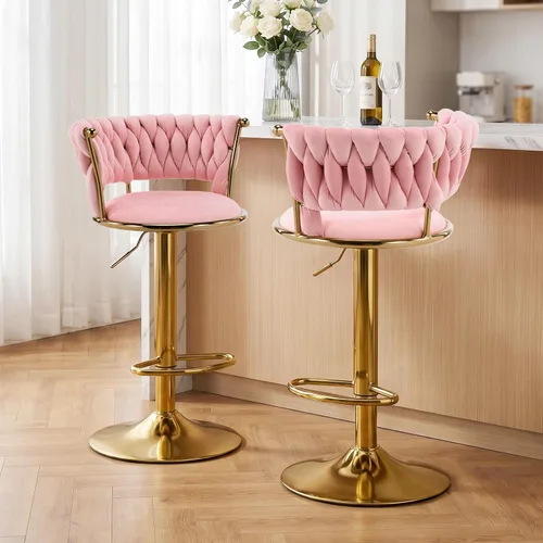 Vista 15 de Velvet Bar Stools Set of 1, Swivel Counter Height Barstools with Woven Backrest, Adjustable Height Bar Stools for Kitchen Island, Home Bar, Pub