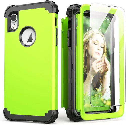 Vista 25 de IDweel Funda para iPhone XR, funda para iPhone XR con protector de pantalla de vidrio templado, 3 en 1, a prueba de golpes, delgada, híbrida, Negro