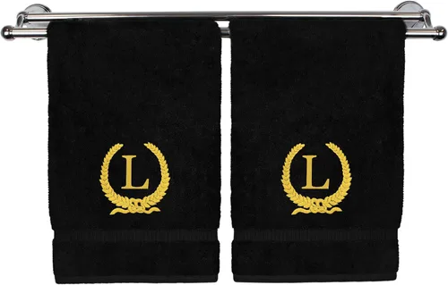Vista 174 de Toalla de mano con monograma, regalo personalizado, 16 x 30 pulgadas, letra blanca bordada con diseño de corona en toalla negra, extra absorbente
