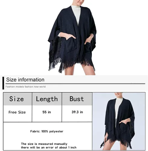 Vista 7 de Bonnorth Chal caliente para mujer, abierto Fornt Boho tejer rayas Pashmina Poncho con borla