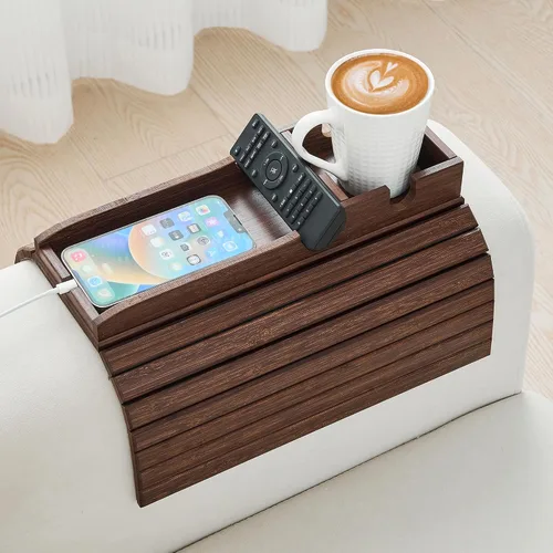 Vista 11 de GEHE Soporte para tazas de sofá de bambú, bandeja de brazo de sofá antiderrames, natural y fácil de limpiar, bandeja para reposabrazos perfecta