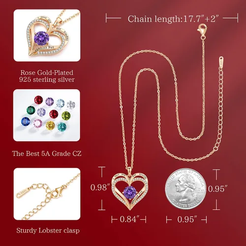 Vista 6 de LOUISA SECRET Heart Birthstone Necklaces for Women, 925 Sterling Silver Women Pendant Necklace, Birthday Anniversary Valentine's Day Jewelry Gift