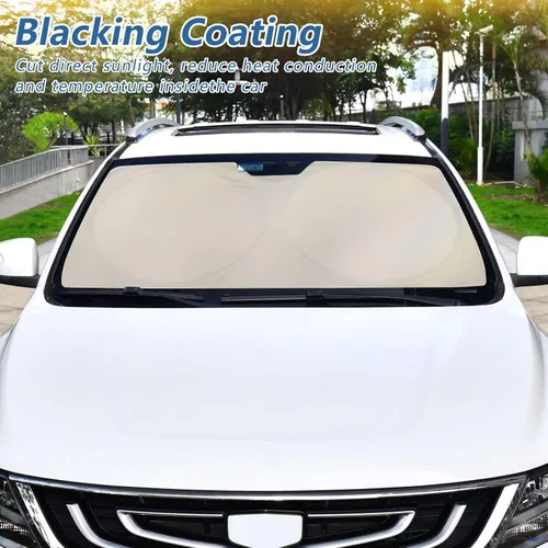 Vista 6 de Parasol para parabrisas beige con bolsa de almacenamiento, visera plegable para ventana delantera, parasol de automóvil para SUV, camión, protector
