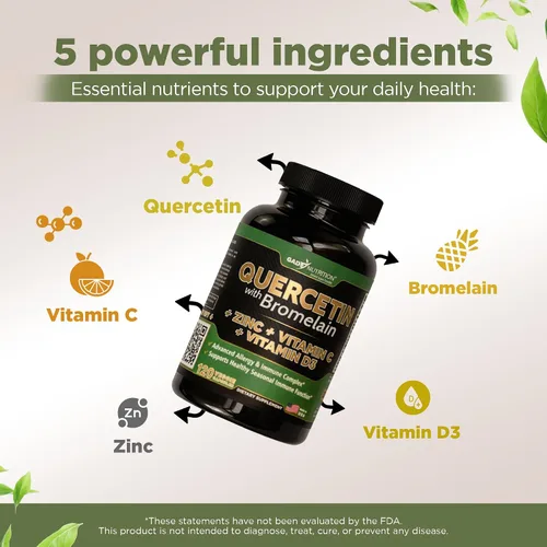 Vista 3 de Quercetina con vitamina C y zinc - Quercetina 500 mg - Quercetina con bromelina - Quercetina de zinc - 120 cápsulas vegetarianas. Suplementos